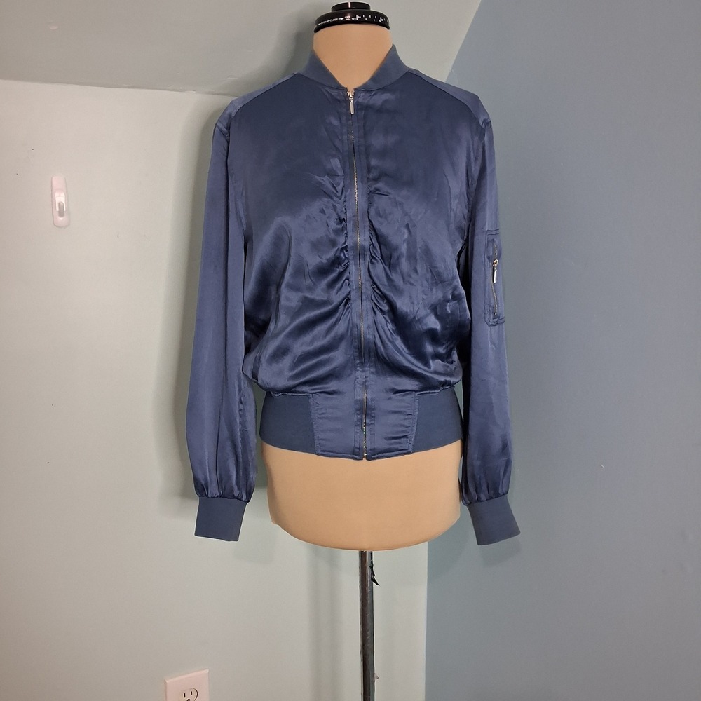 Mercer & Madison Blue 100% Silk Ruched Bomber Jacket Small Zip Up Utility Pocket